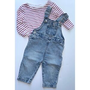 Primark Baby Red Striped Top & ‎ Denim Overall Set Size 6-9mo